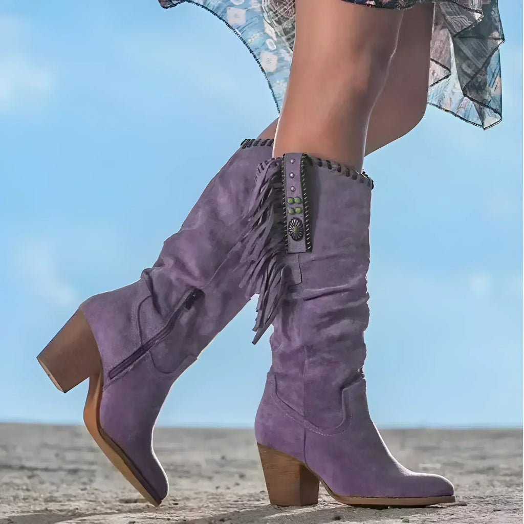 Ruby | Western Fringe Knee High Brown Boots with Heel