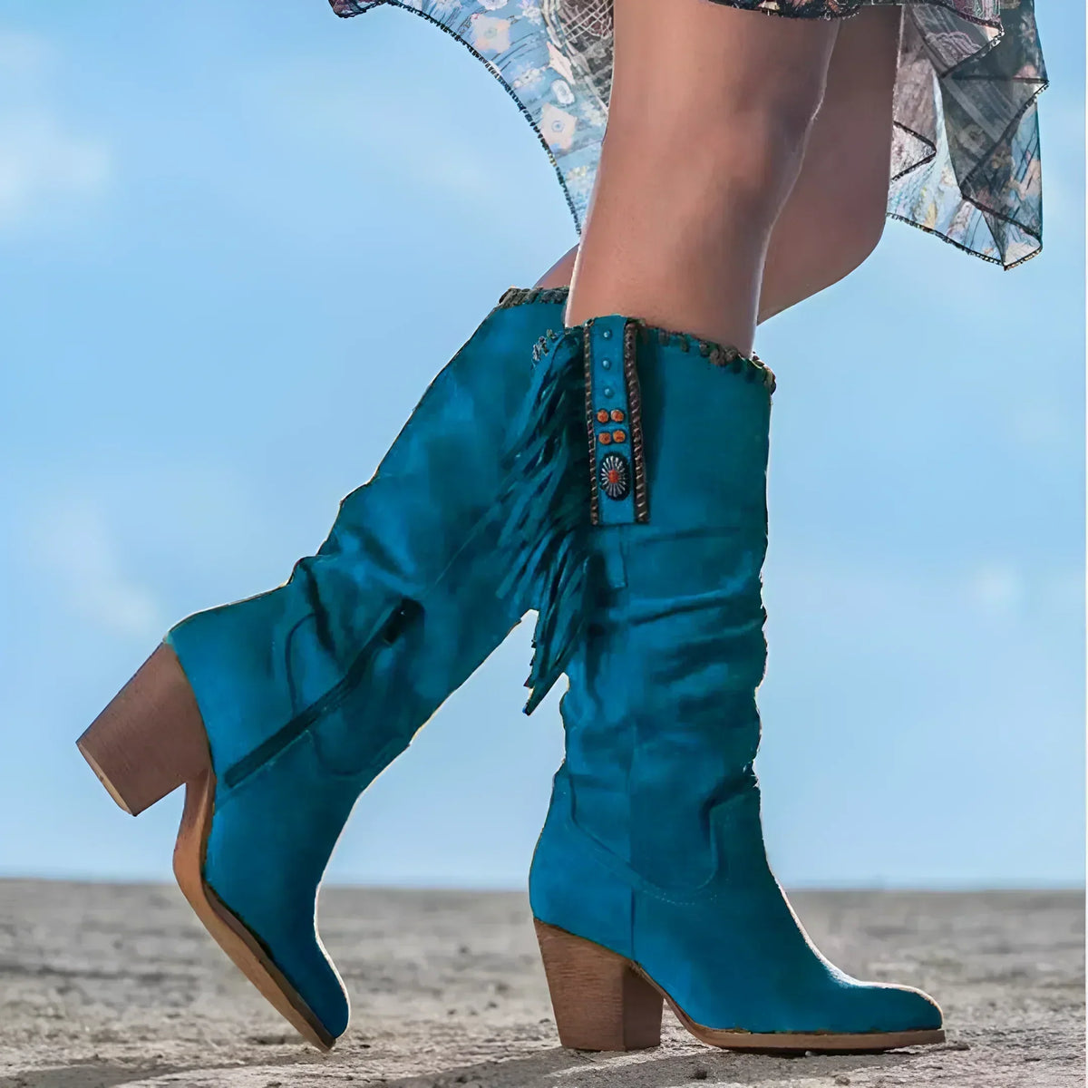 Ruby | Western Fringe Knee High Brown Boots with Heel