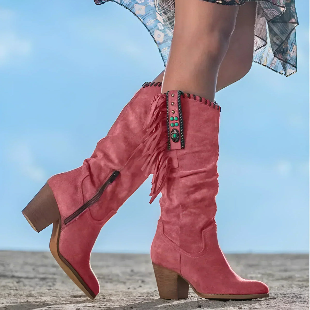 Ruby | Western Fringe Knee High Brown Boots with Heel