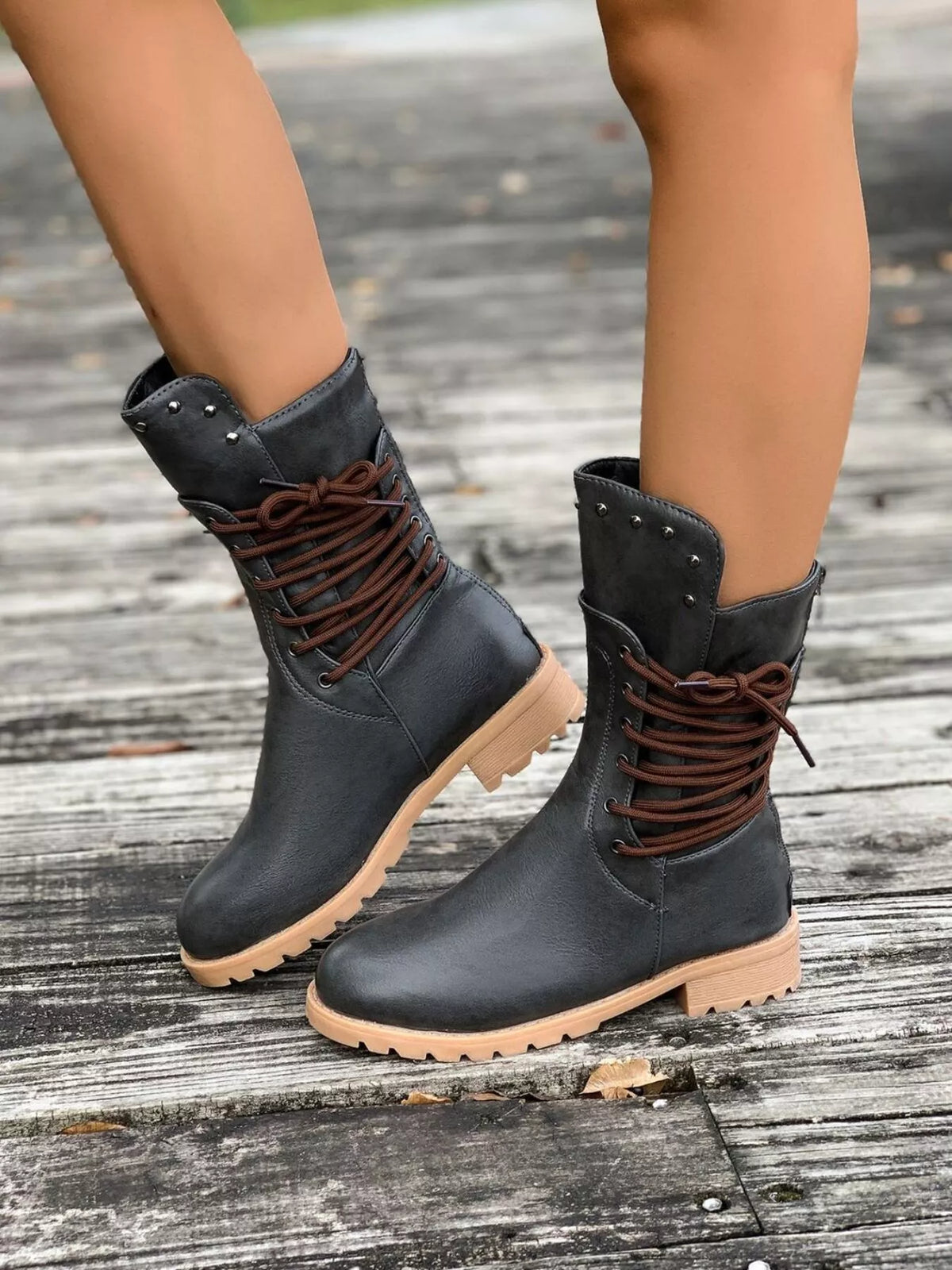 Ruby | Rugged Lace-Up Brown Boots with Studded Ankle Detail