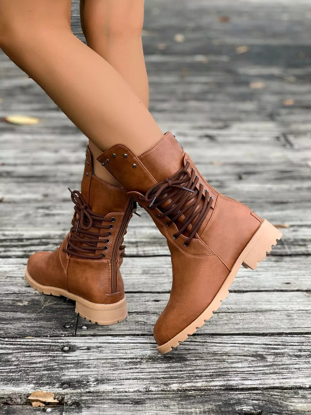 Ruby | Rugged Lace-Up Brown Boots with Studded Ankle Detail
