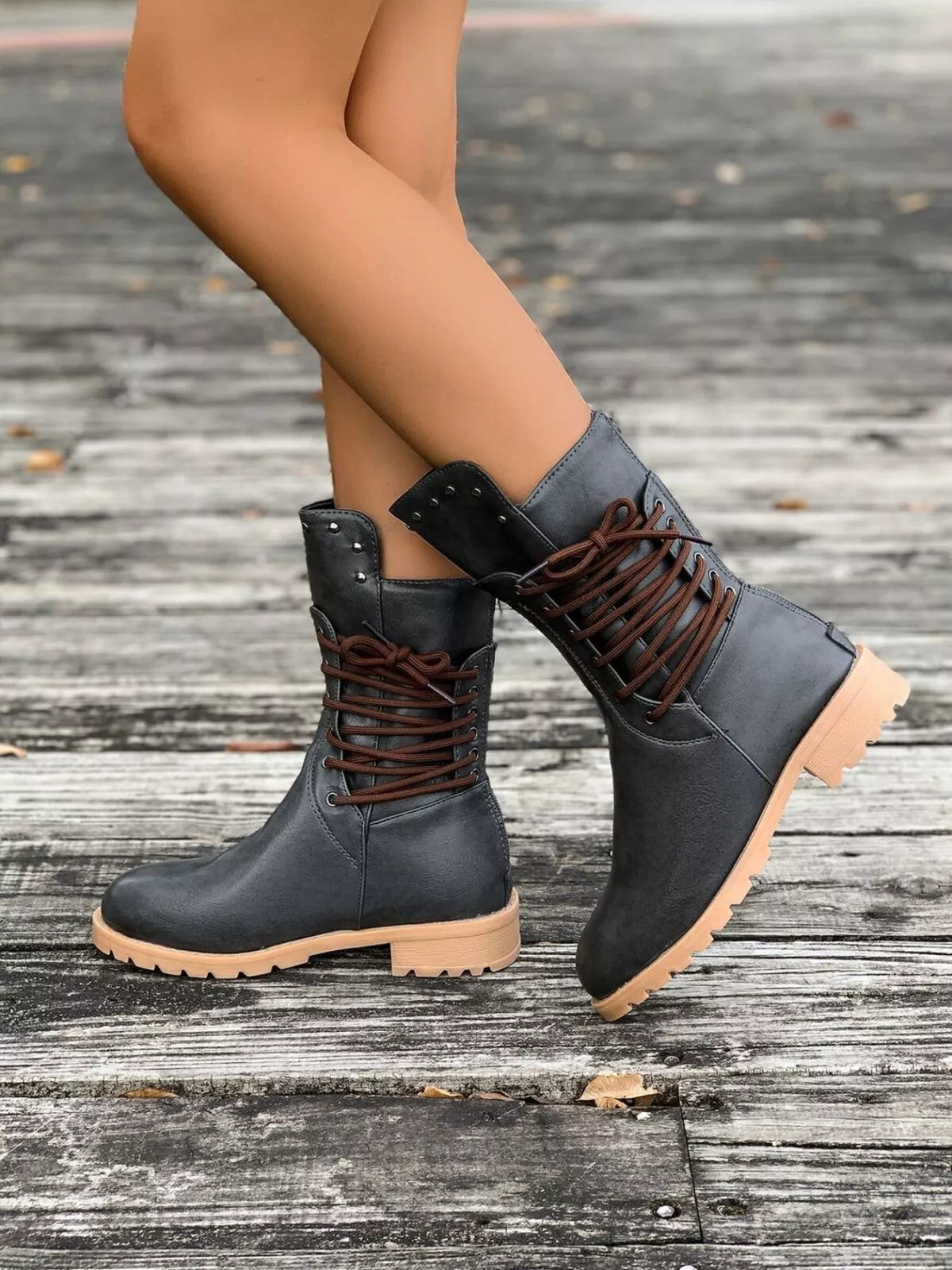 Ruby | Rugged Lace-Up Brown Boots with Studded Ankle Detail