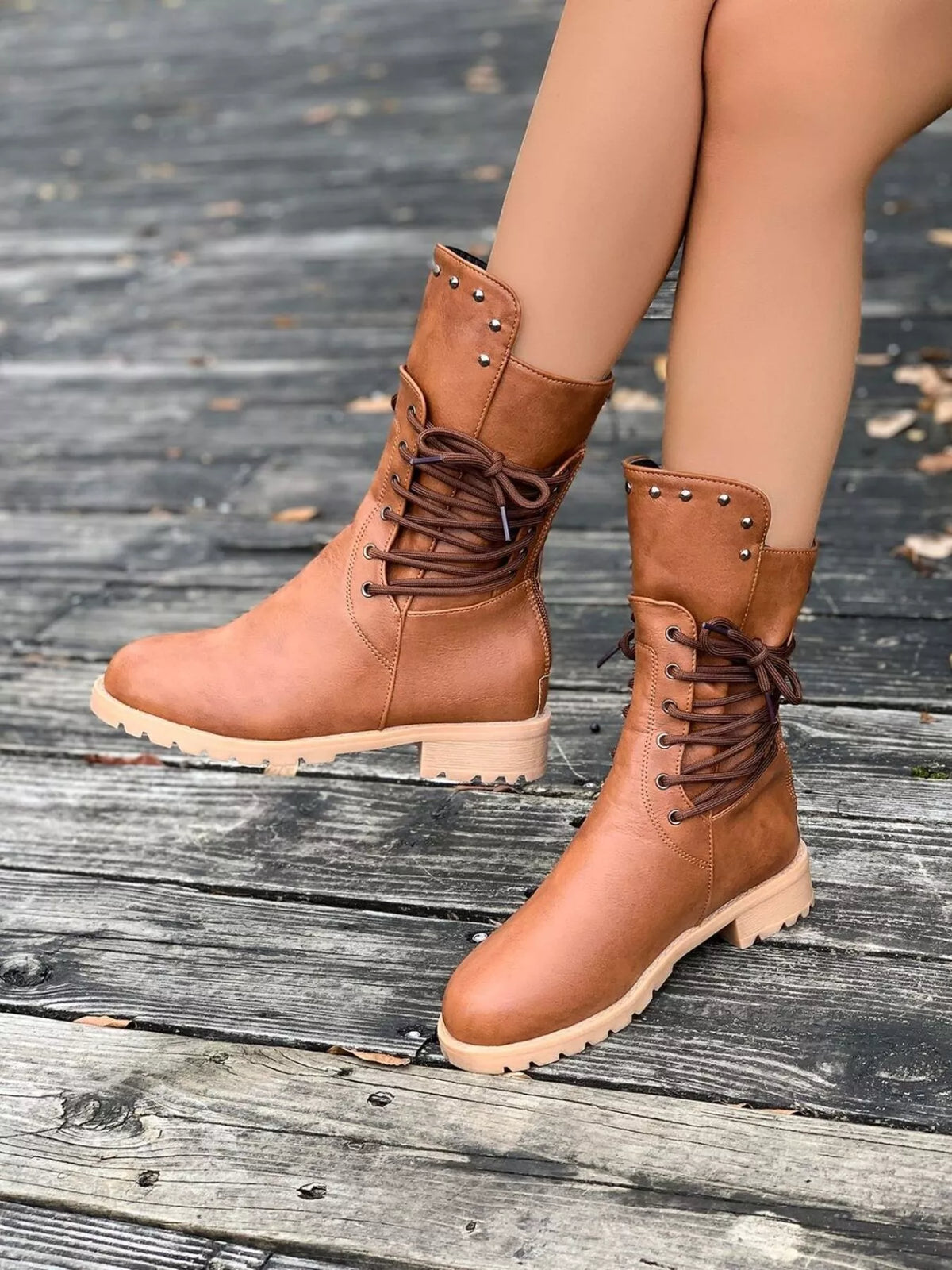 Ruby | Rugged Lace-Up Brown Boots with Studded Ankle Detail