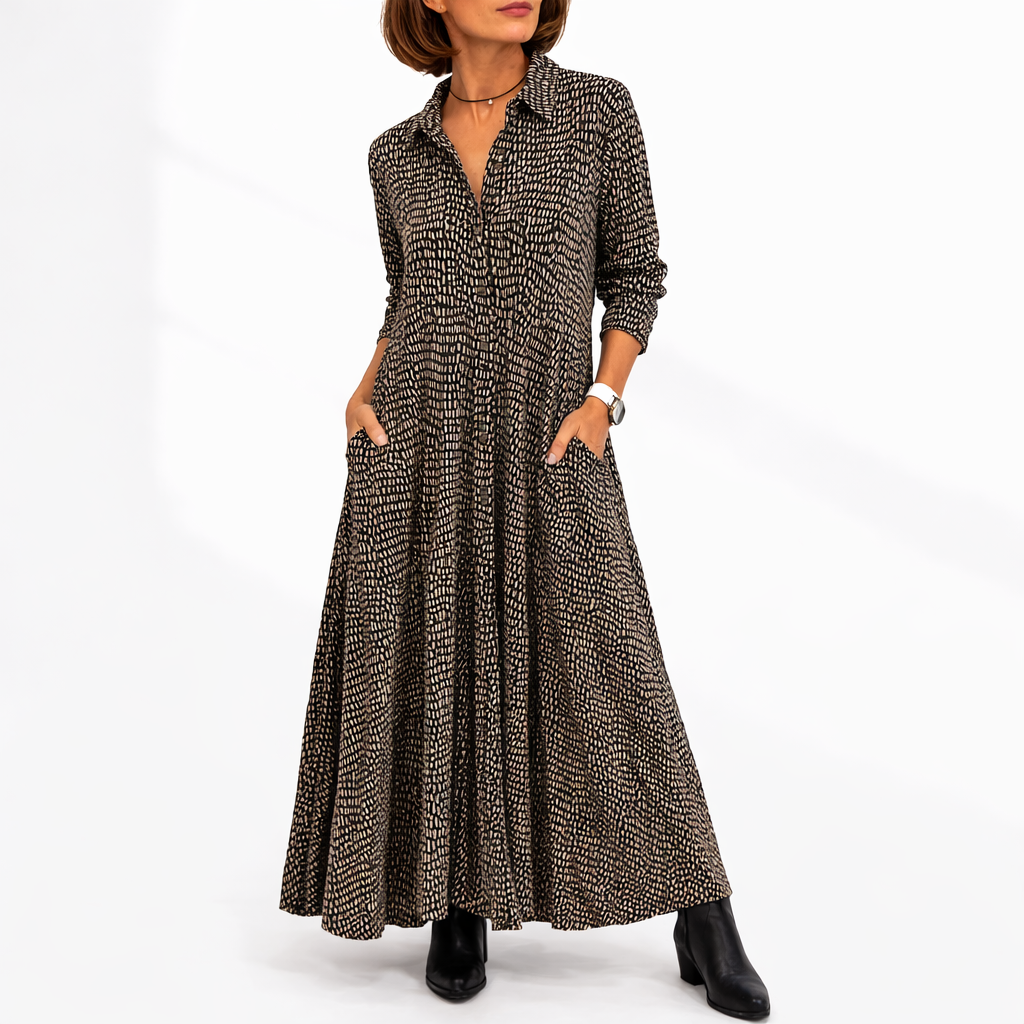 Beatrice | Elegant Printed Shirt Collar Autumn Wedding Guest Maxi Dress