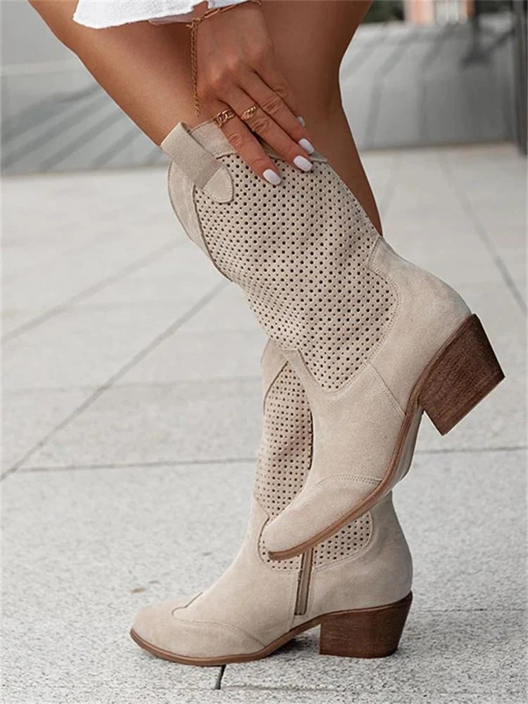 Freya | Chic Perforated Suede Knee-High Brown Boots