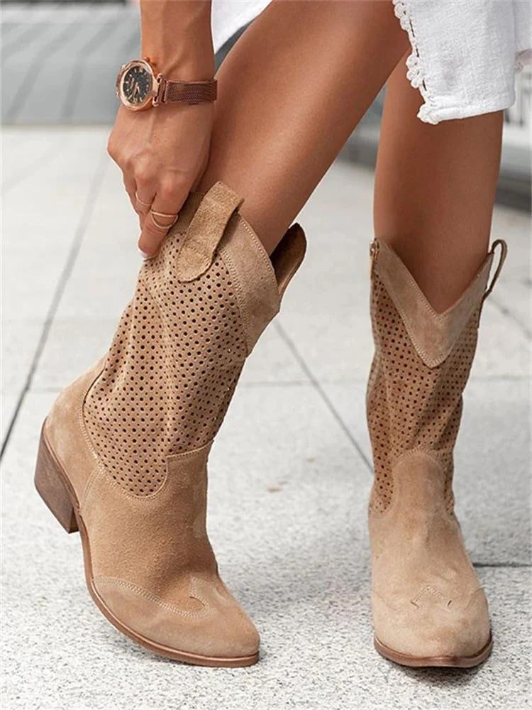Freya | Chic Perforated Suede Knee-High Brown Boots