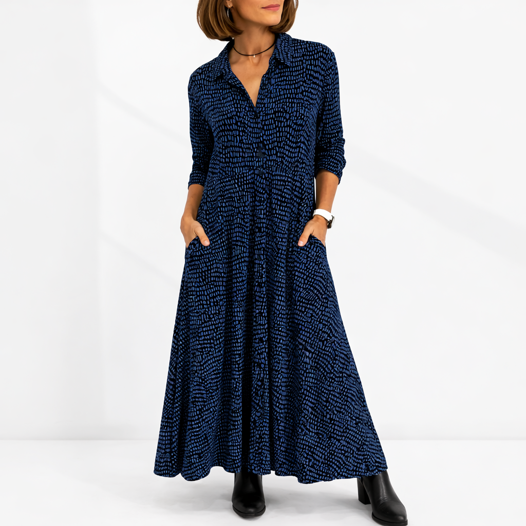 Beatrice | Elegant Printed Shirt Collar Autumn Wedding Guest Maxi Dress