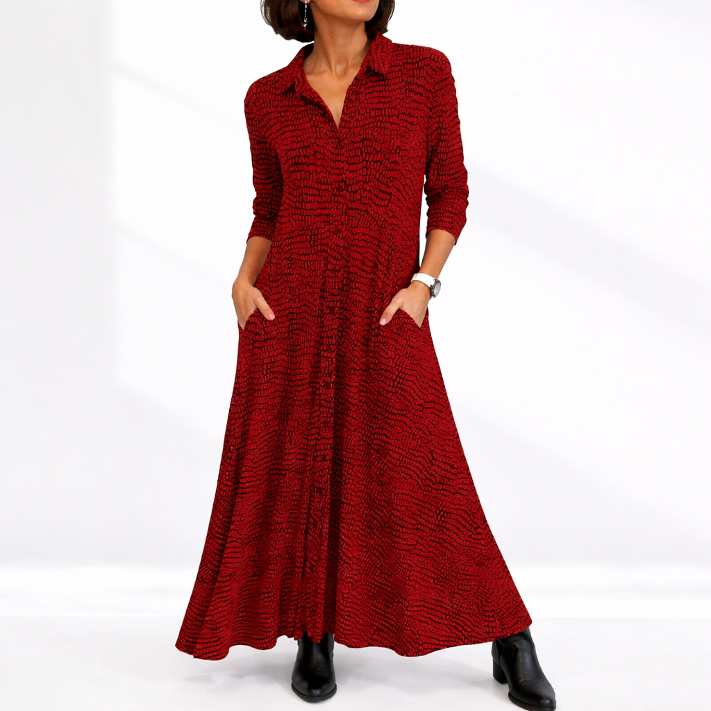 Beatrice | Elegant Printed Shirt Collar Autumn Wedding Guest Maxi Dress