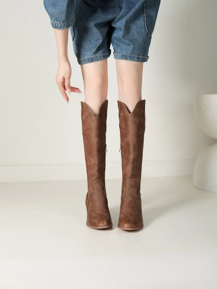 Ellie | Western Stitched Knee-High Brown Boots