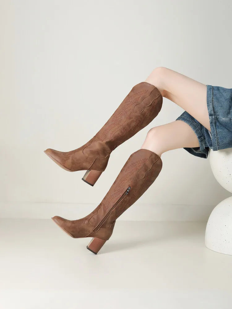 Ellie | Western Stitched Knee-High Brown Boots