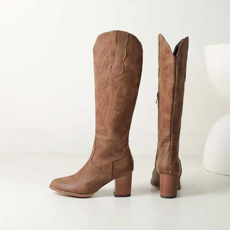 Ellie | Western Stitched Knee-High Brown Boots