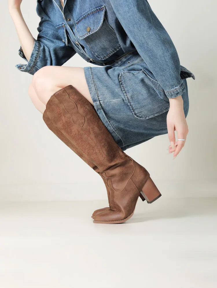 Ellie | Western Stitched Knee-High Brown Boots