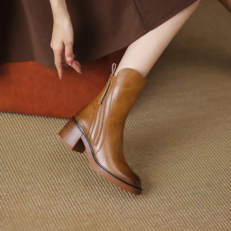 Sophie | Elegant Zip-Up Brown Boots with Block Heel