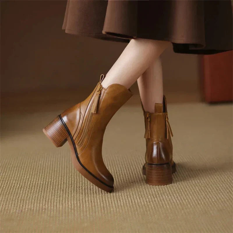 Sophie | Elegant Zip-Up Brown Boots with Block Heel