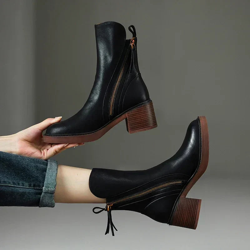 Sophie | Elegant Zip-Up Brown Boots with Block Heel