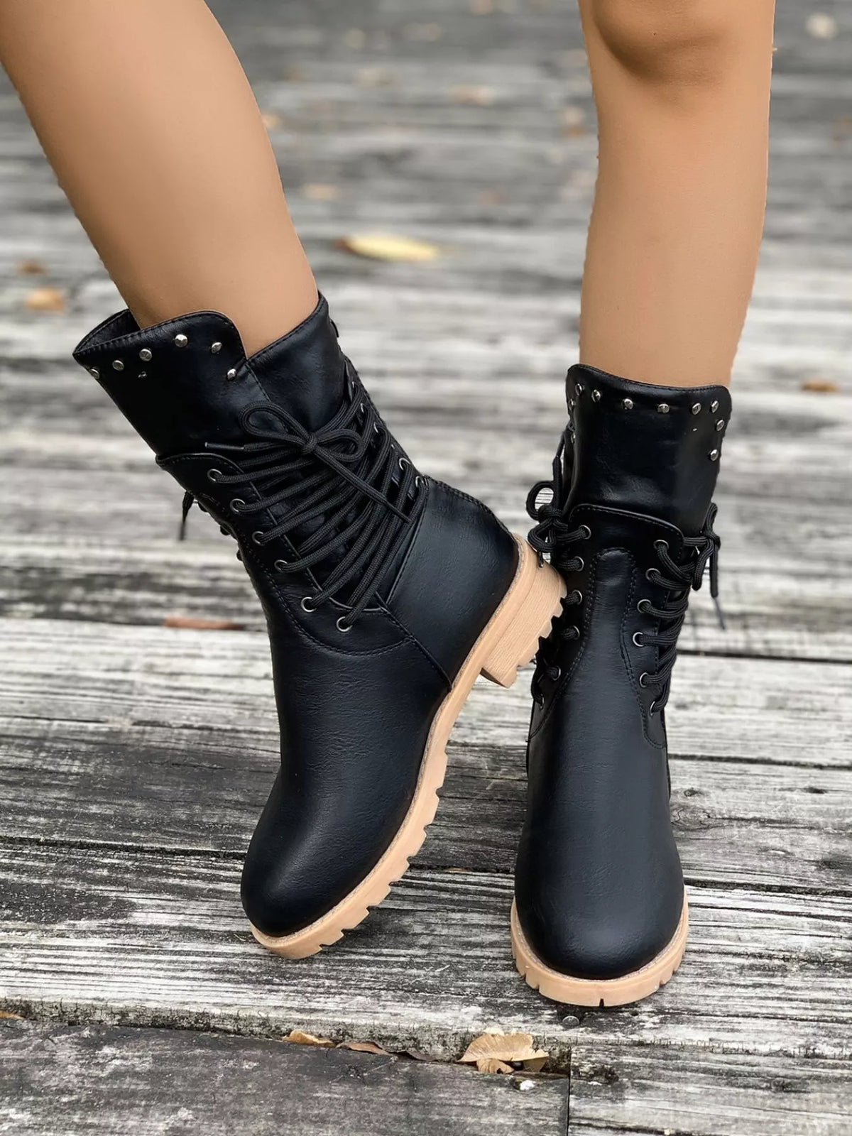 Ruby | Rugged Lace-Up Brown Boots with Studded Ankle Detail