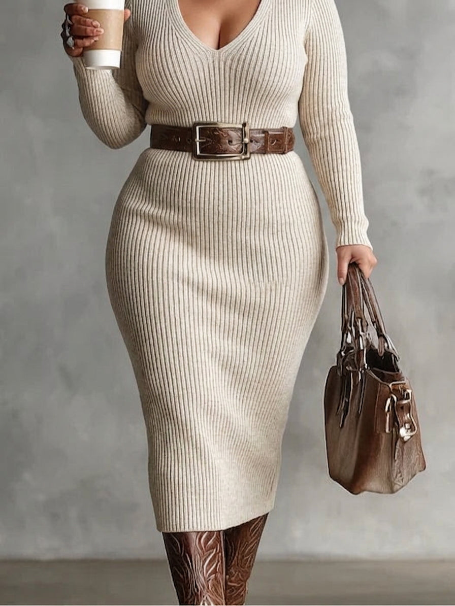 Amelia | Refined Belted Ribbed Knit Jumper Dress