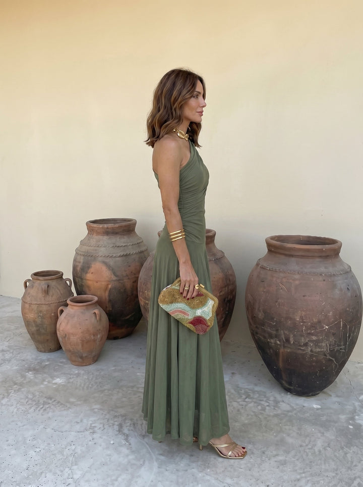 Arabella | Elegant One Shoulder Draped Christmas Dress