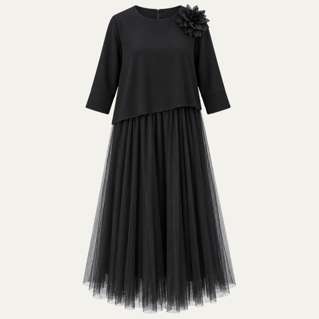 Arabella | Polished Mesh Panel Christmas Dress with Floral Corsage