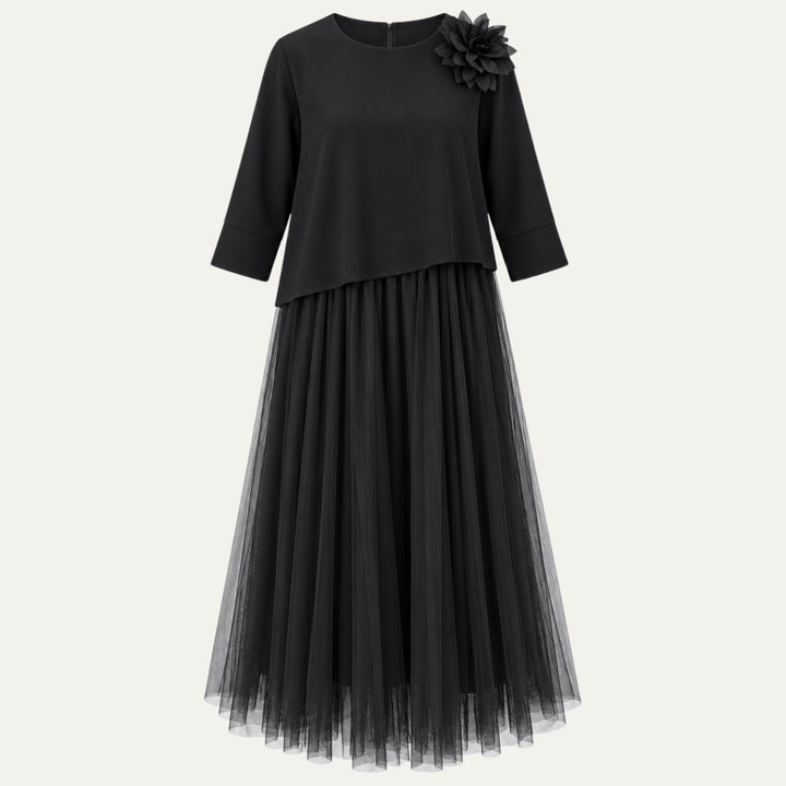 Arabella | Polished Mesh Panel Christmas Dress with Floral Corsage