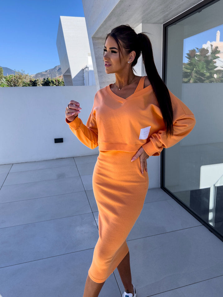 Aria | V-Neck Cropped Sweatshirt and Midi Dress Set