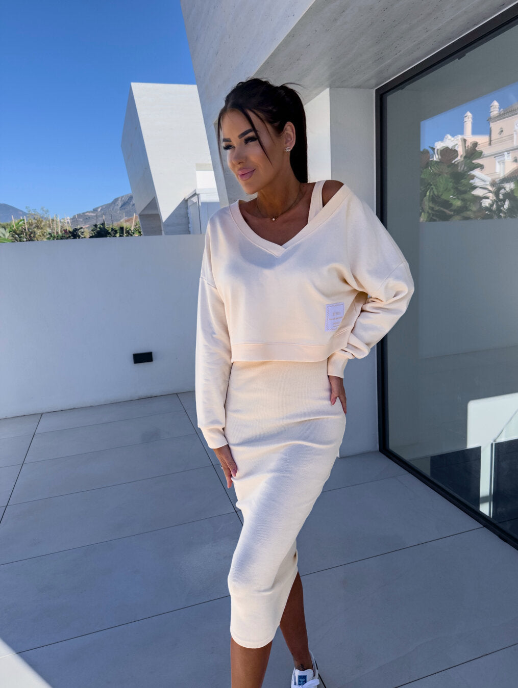 Aria | V-Neck Cropped Sweatshirt and Midi Dress Set