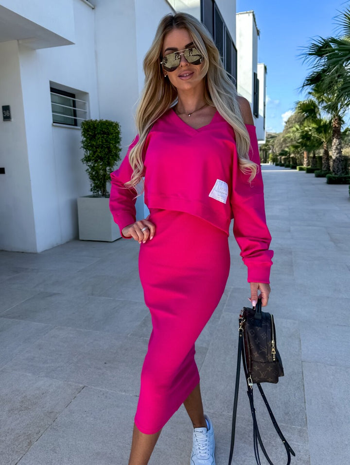 Aria | V-Neck Cropped Sweatshirt and Midi Dress Set