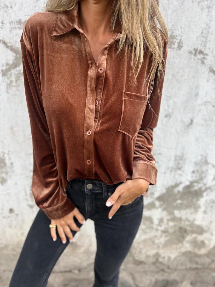 Athena | Collared Button Front Long Sleeve Velvet Top