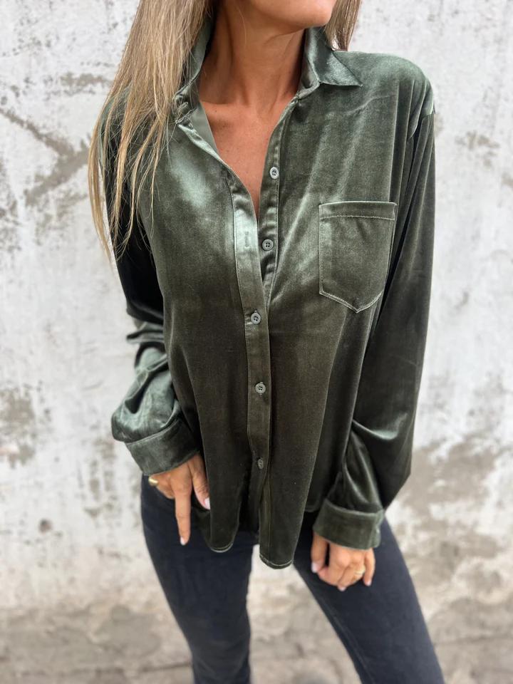 Athena | Collared Button Front Long Sleeve Velvet Top