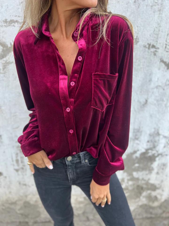 Athena | Collared Button Front Long Sleeve Velvet Top