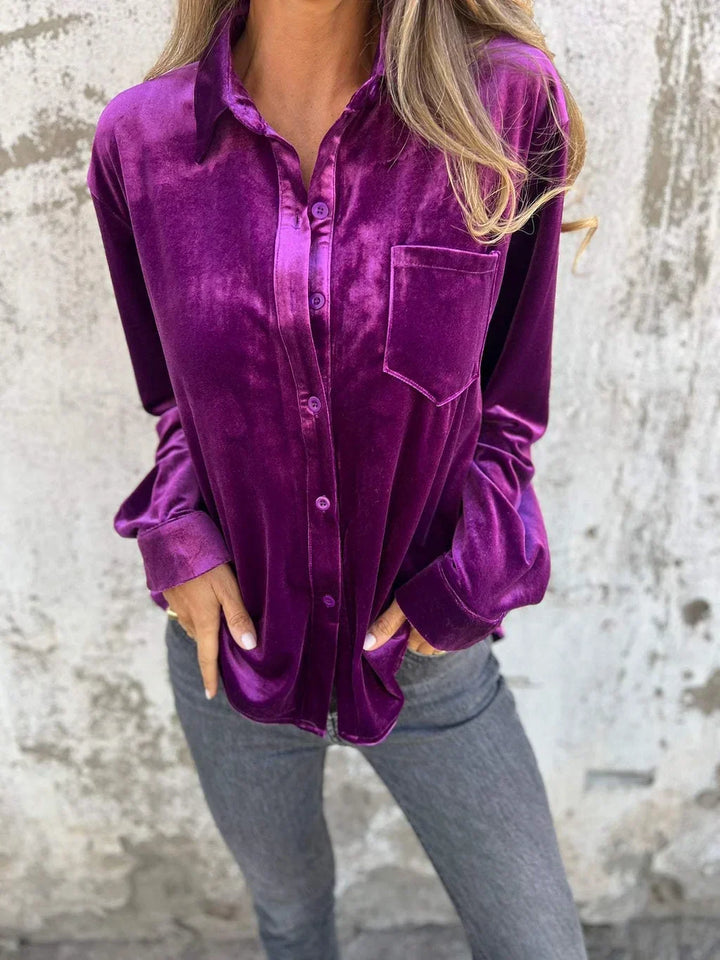Athena | Collared Button Front Long Sleeve Velvet Top