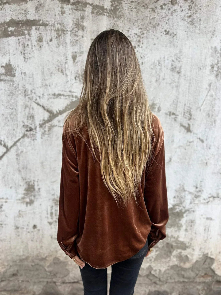 Athena | Collared Button Front Long Sleeve Velvet Top