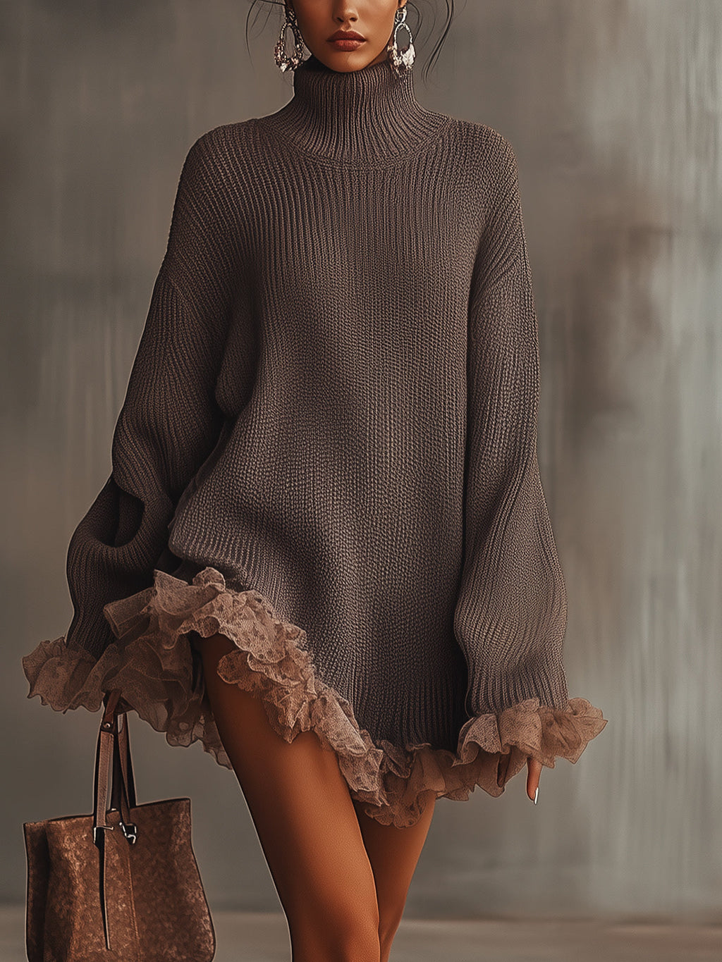 Aurora | Stylish Turtleneck Ribbed Knit Jumper Dress with Ruffle Hem