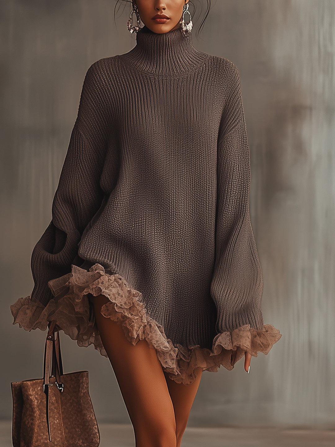 Aurora | Stylish Turtleneck Ribbed Knit Jumper Dress with Ruffle Hem
