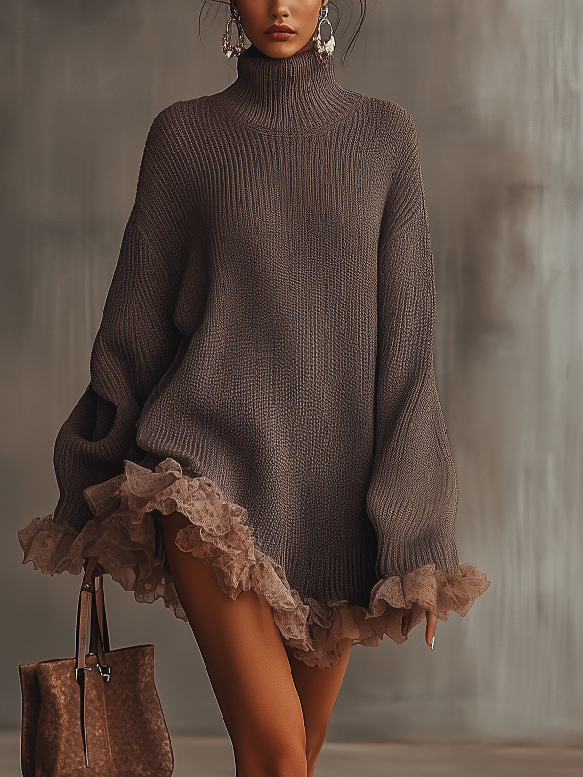 Aurora | Stylish Turtleneck Ribbed Knit Jumper Dress with Ruffle Hem
