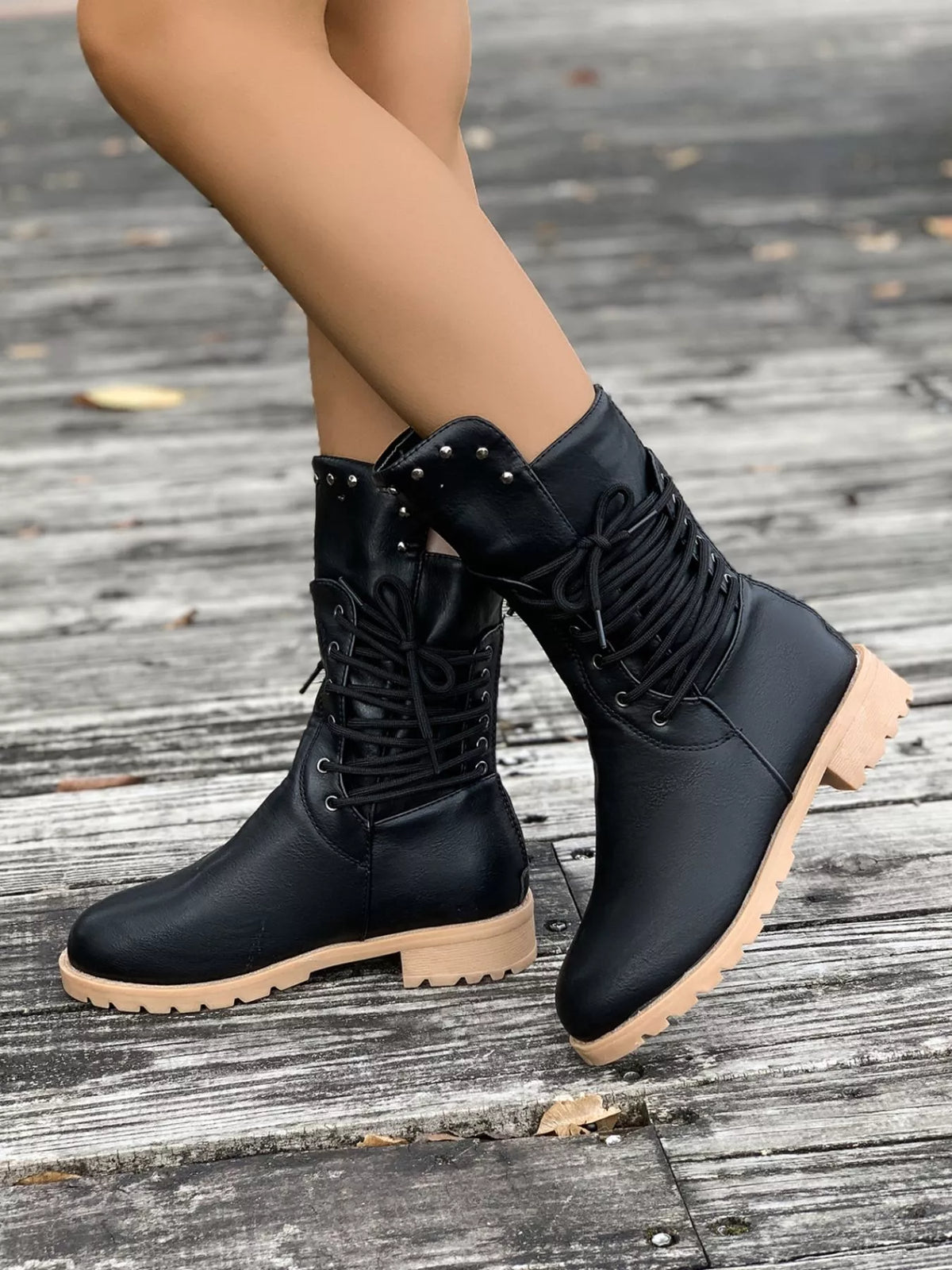 Ruby | Rugged Lace-Up Brown Boots with Studded Ankle Detail