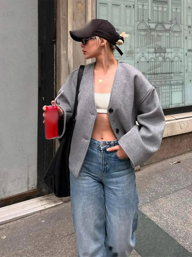Bella | Classic Oversized V-Neck Short Winter Coat