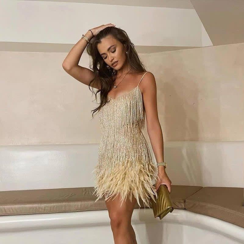 Bonnie | Effortless Sequin Fringe Feather Hem Cocktail Dress