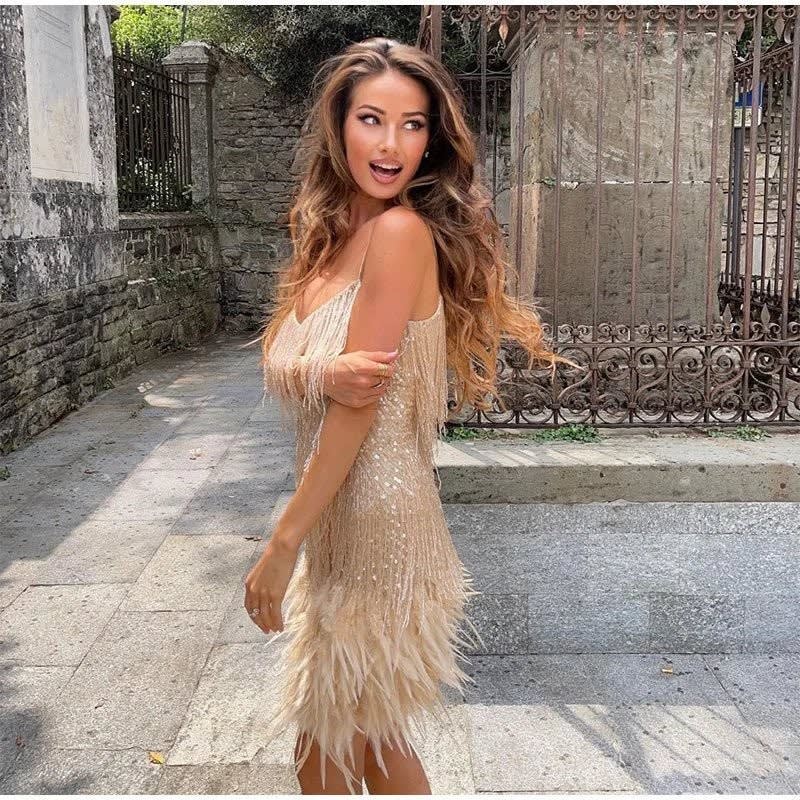 Bonnie | Effortless Sequin Fringe Feather Hem Cocktail Dress