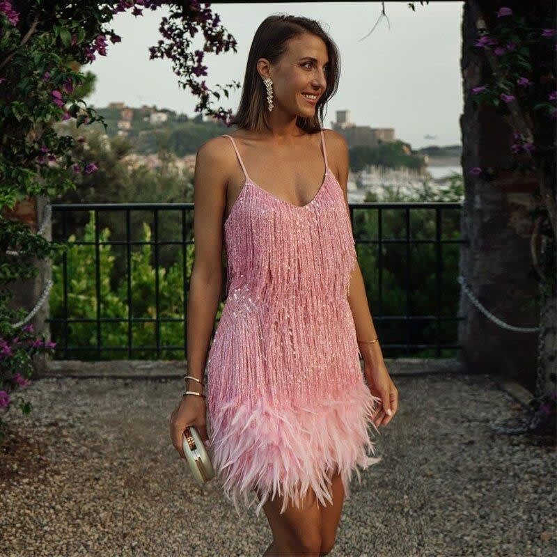Bonnie | Effortless Sequin Fringe Feather Hem Cocktail Dress