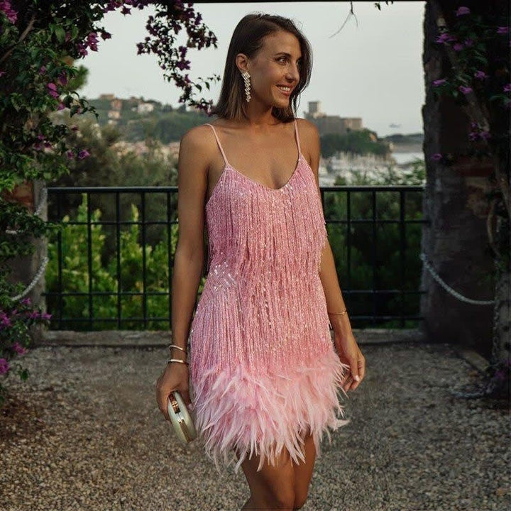 Bonnie | Effortless Sequin Fringe Feather Hem Cocktail Dress