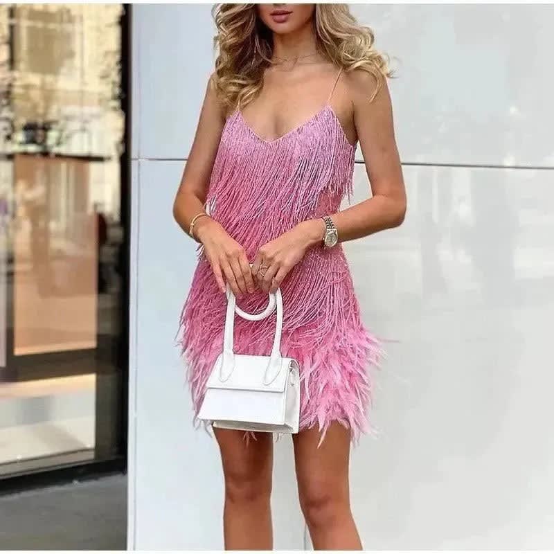 Bonnie | Effortless Sequin Fringe Feather Hem Cocktail Dress
