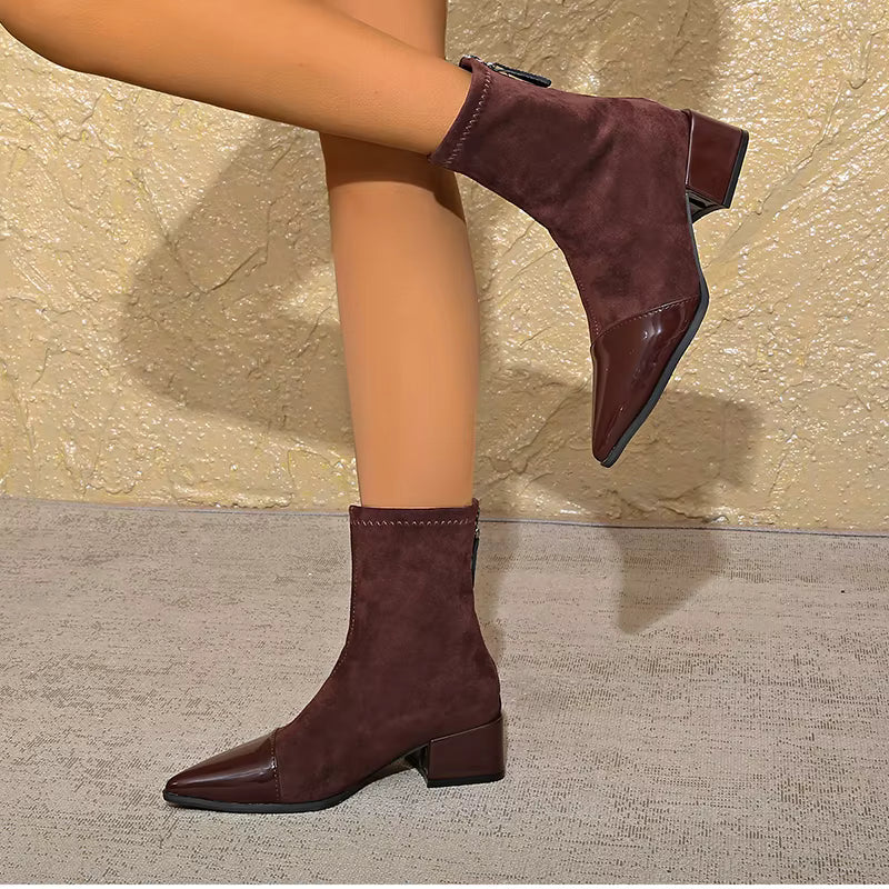 Elsie | Elegant Pointed Toe Block Heel Brown Boots