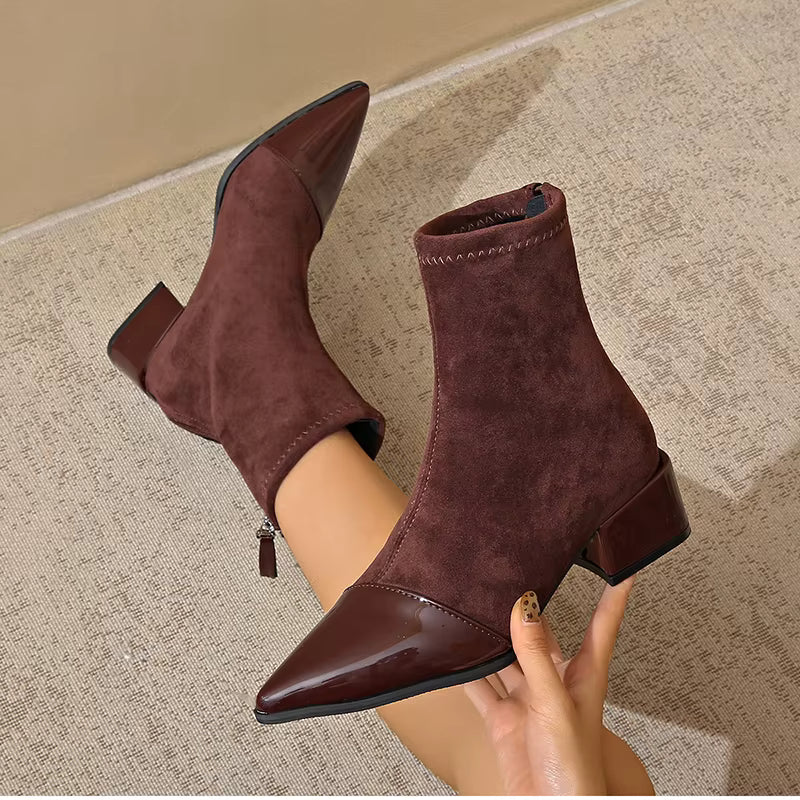 Elsie | Elegant Pointed Toe Block Heel Brown Boots