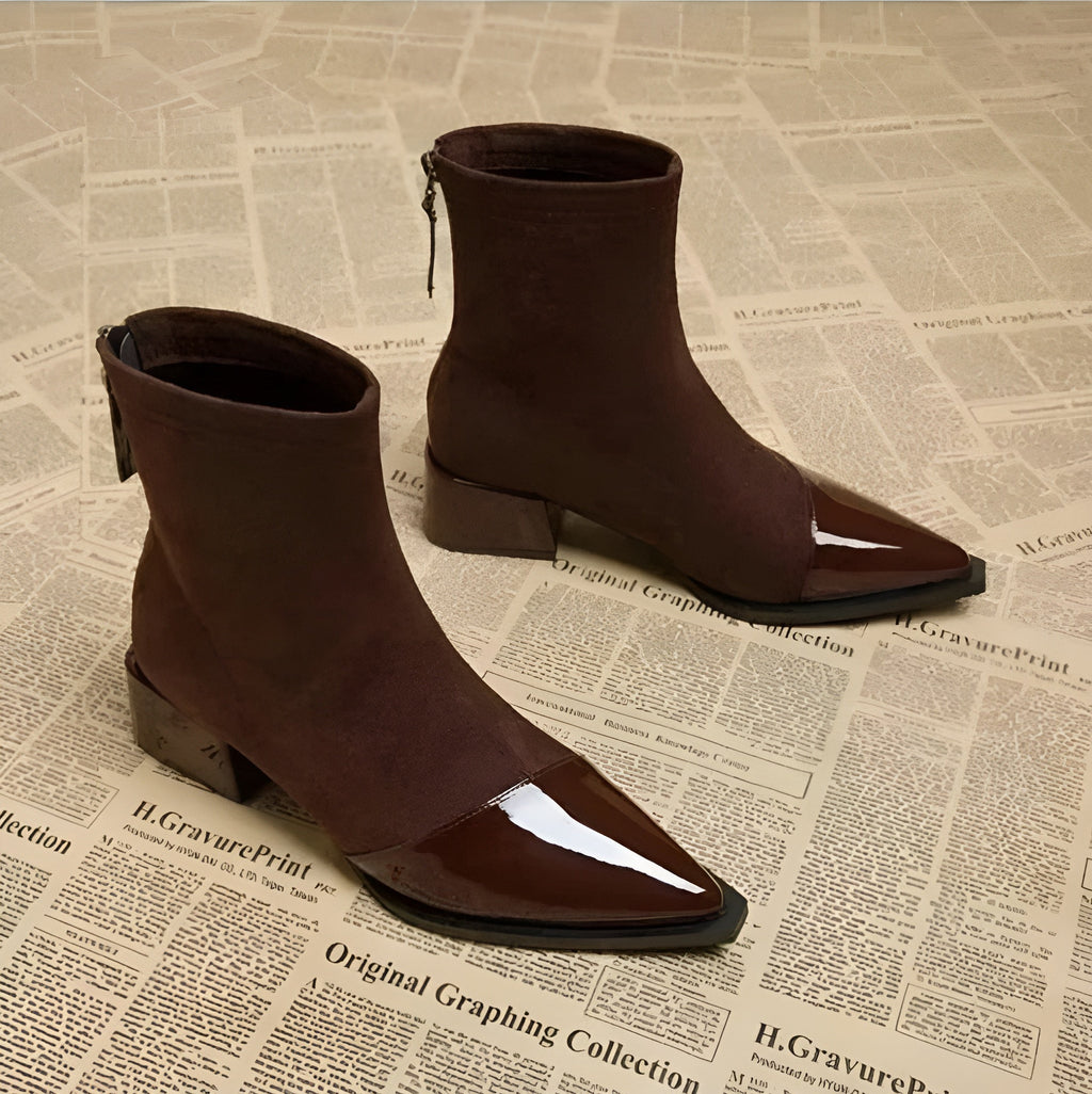 Elsie | Elegant Pointed Toe Block Heel Brown Boots