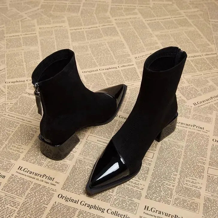 Elsie | Elegant Pointed Toe Block Heel Brown Boots