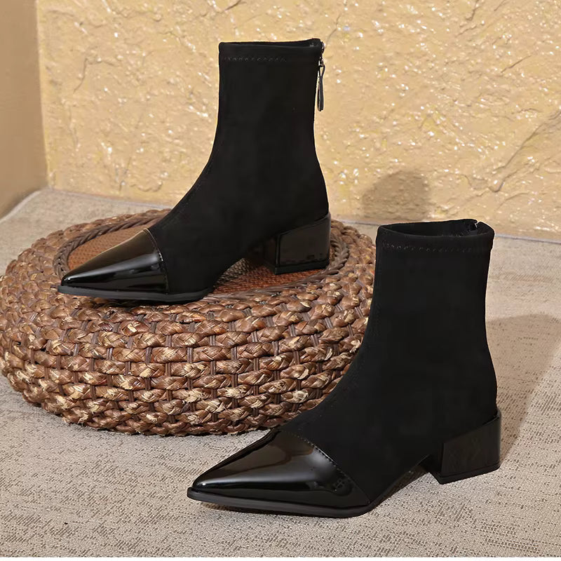 Elsie | Elegant Pointed Toe Block Heel Brown Boots