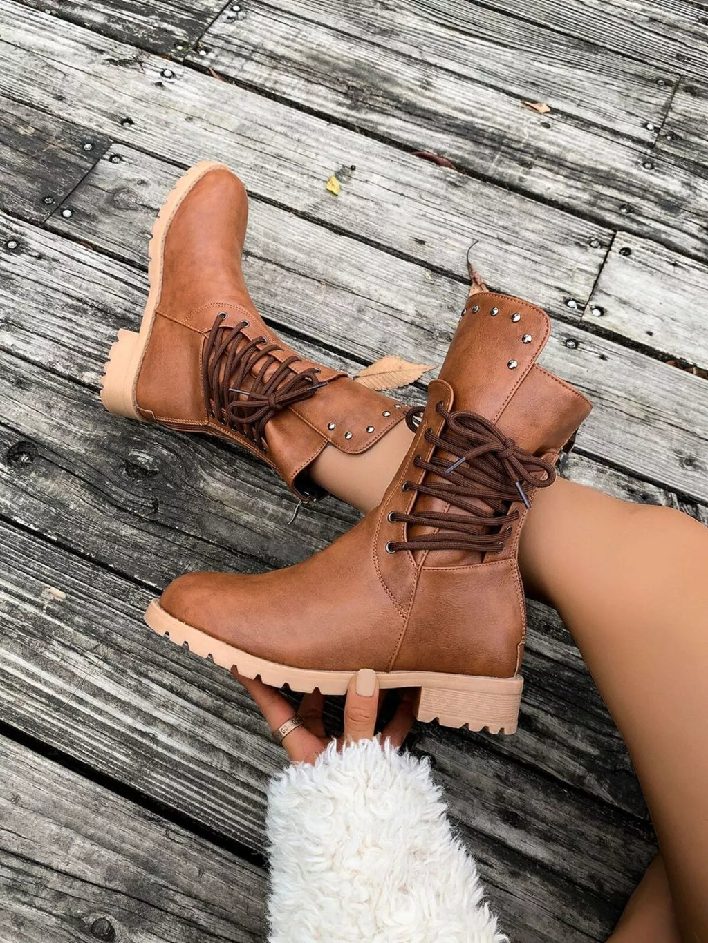 Ruby | Rugged Lace-Up Brown Boots with Studded Ankle Detail