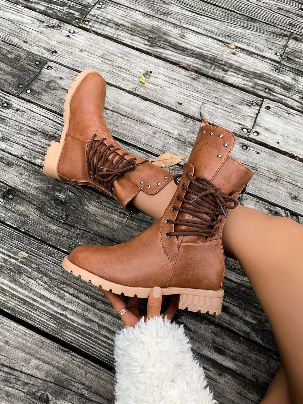 Ruby | Rugged Lace-Up Brown Boots with Studded Ankle Detail