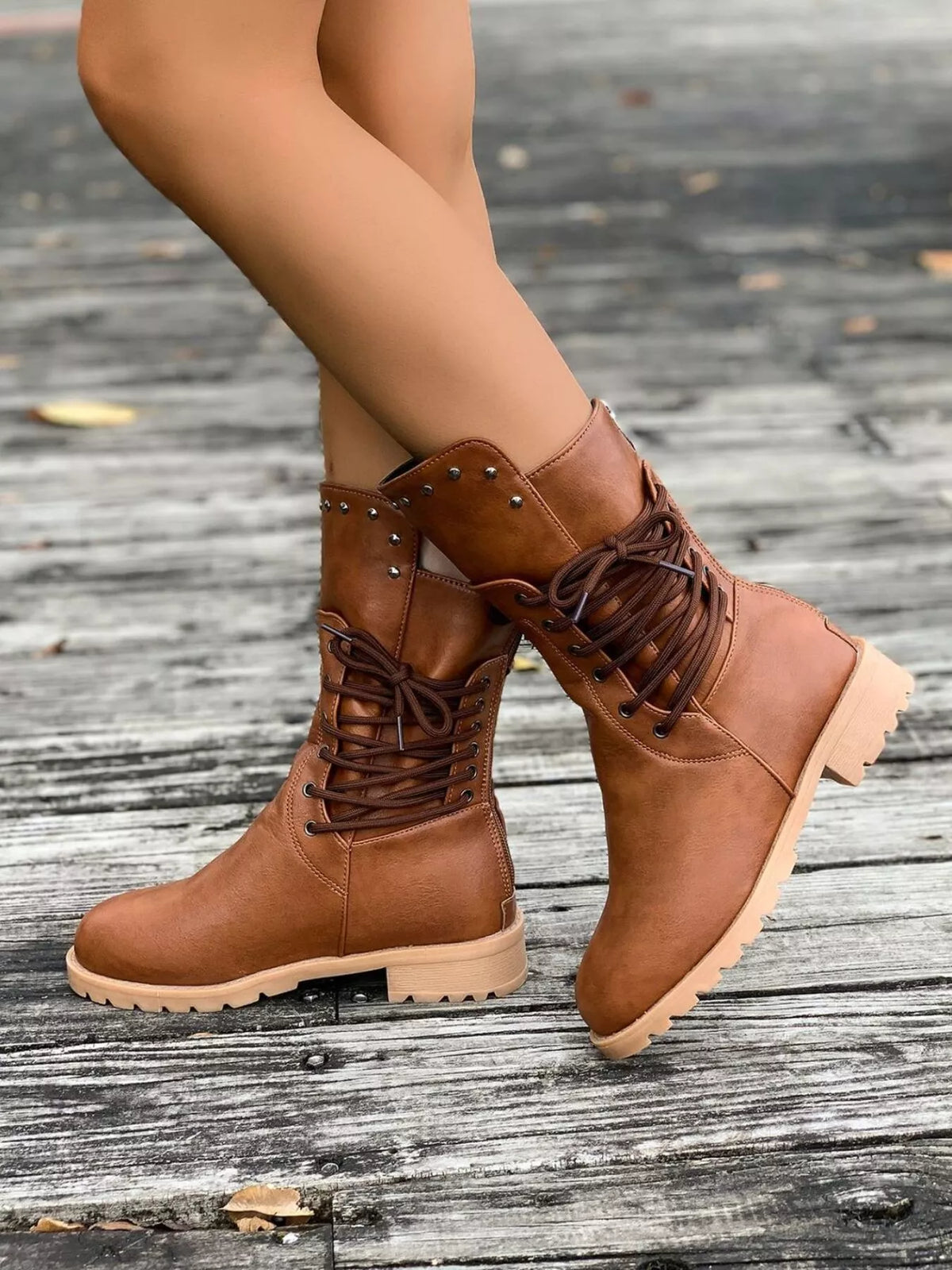 Ruby | Rugged Lace-Up Brown Boots with Studded Ankle Detail